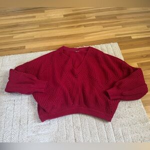Free People Red V-Neck Chunky Knit Sweater
